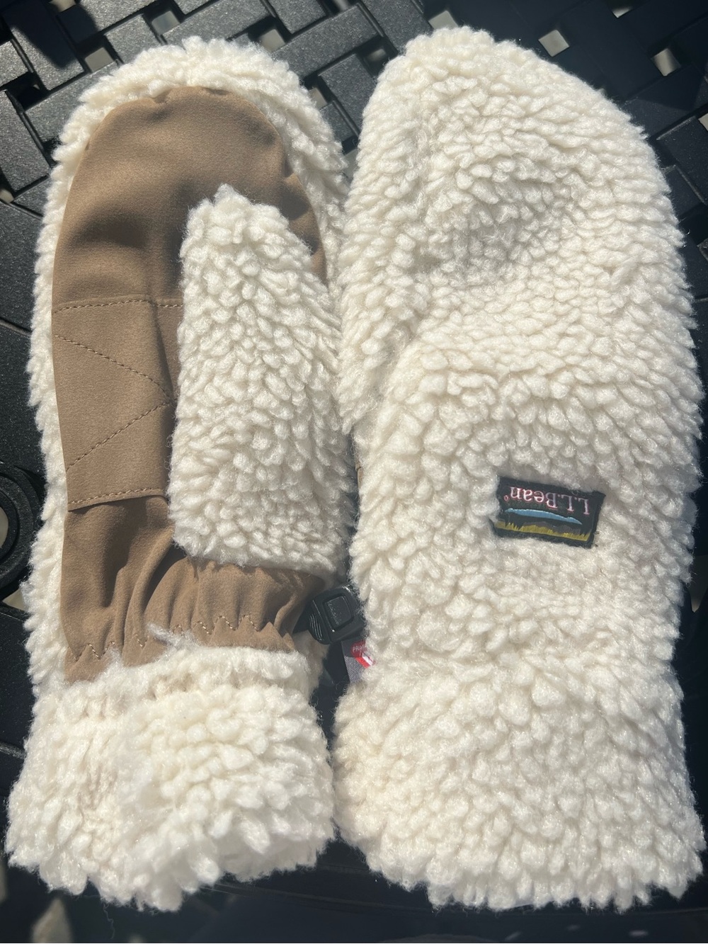 L.L. Bean Cream Sherpa Mittens with Tan Palm